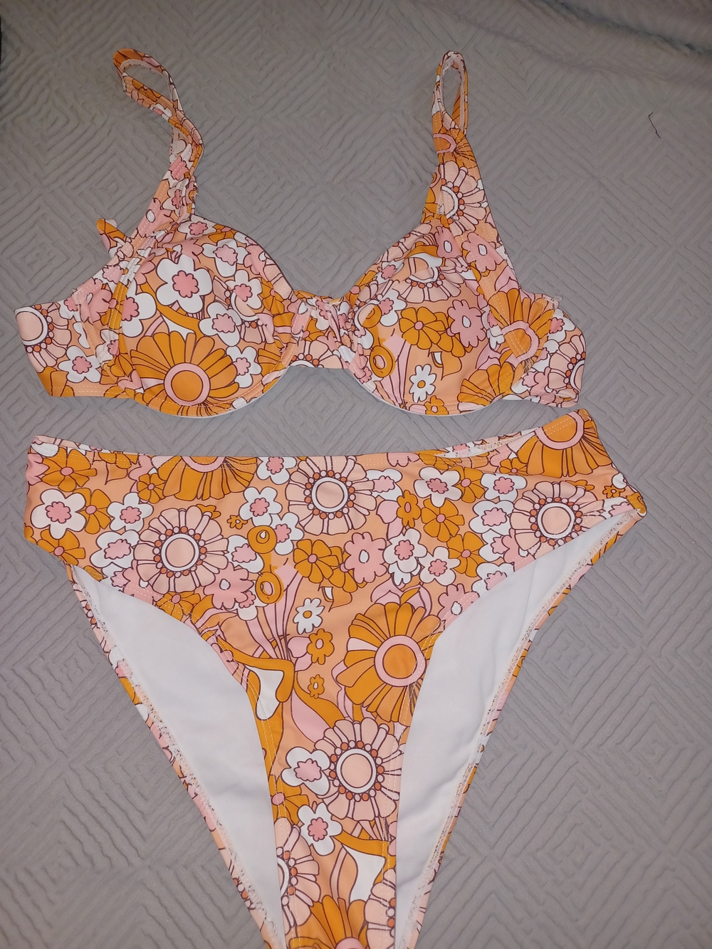 Womens Floral Two-Piece One-Piece Style Swim Set - Pink & Orange